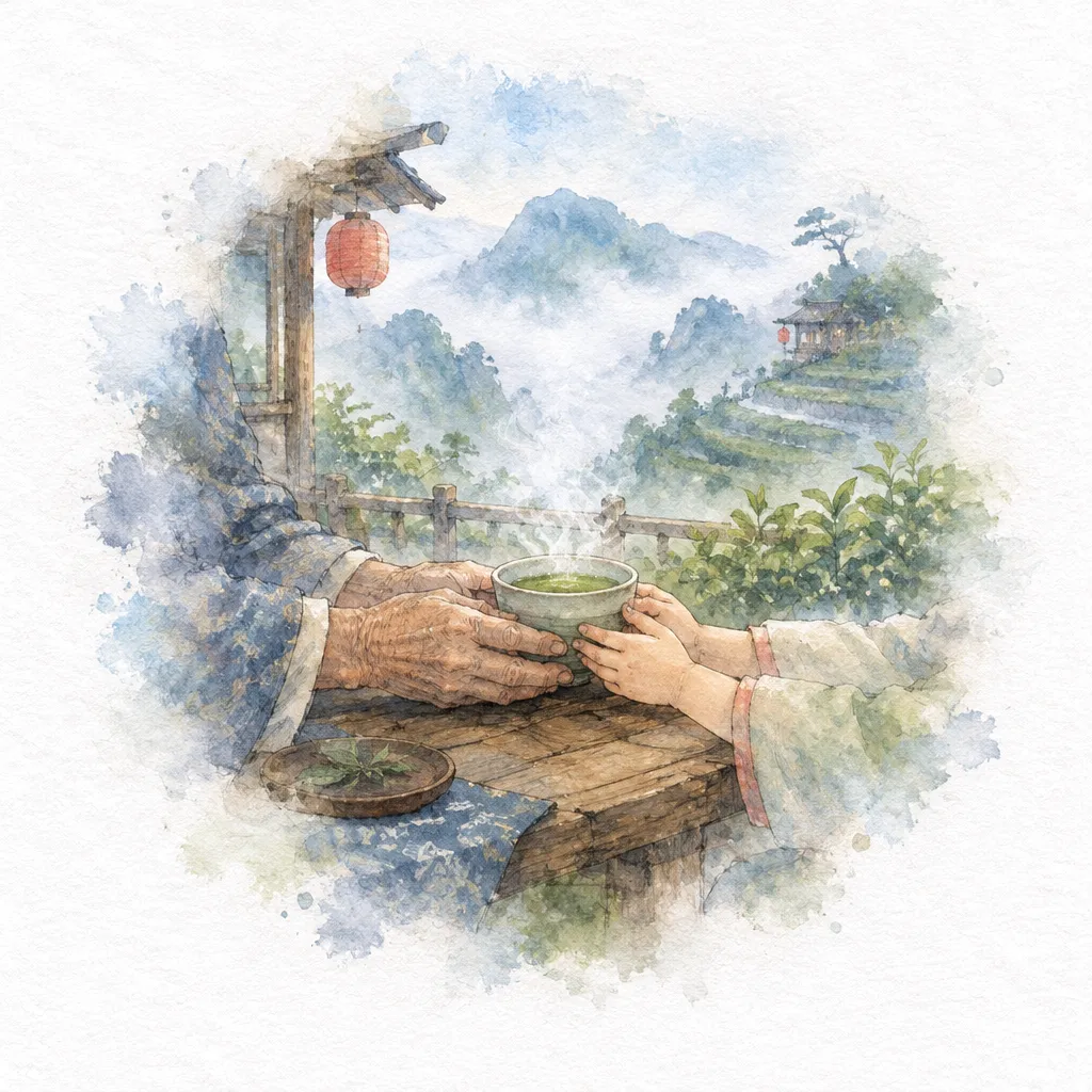 Tangan nenek dan tangan kecil Wren berbagi satu cangkir teh hijau di meja kayu kebun teh berkabut.
