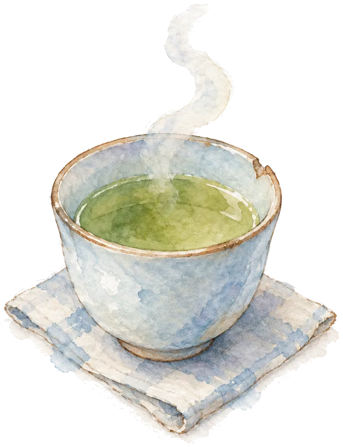 Cangkir teh biru pucat yang retak di tepinya, masih mengepul.